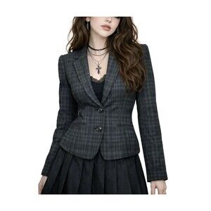 Forever 21 Blazer Jacket Womens 6 US Black Gray Plaid Wool Academia VTG Y2K